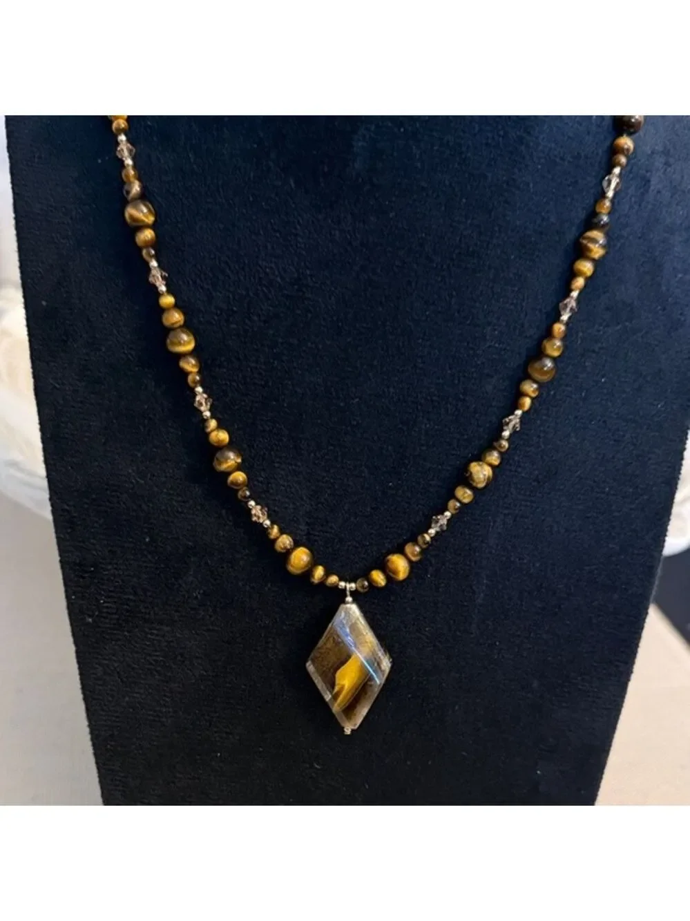 Chic Brown Beaded Necklace with Geometric Pendant | 18” | New